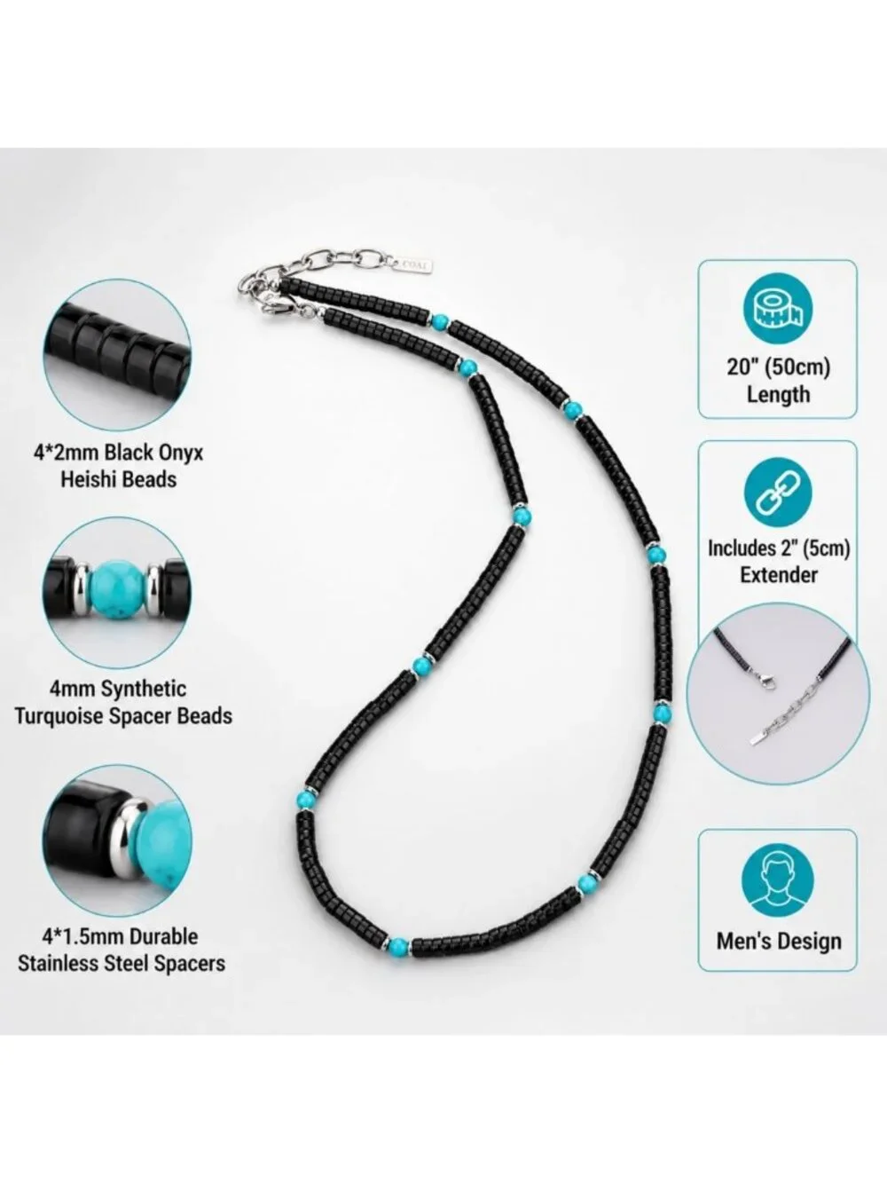 Men's Adjustable Beaded Necklace, Turquoise & Black Onyx Heishi Beads, 20-22